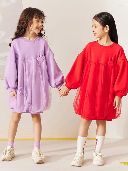 Vestidos de menina amii crianças para meninas 2023 inverno manga longa casual sólido broche plissado 3-12y o-pescoço crianças vestidos 22270064