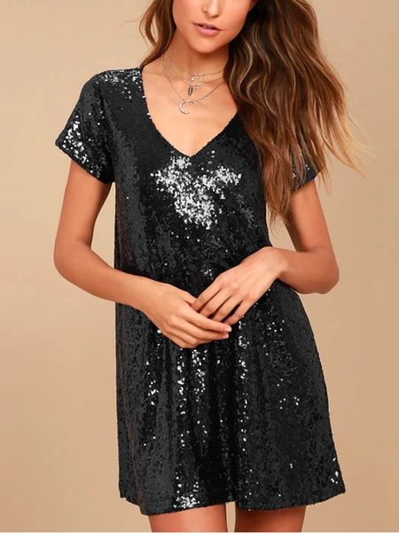 Mulheres glitter lantejoulas babydoll vestido brilhante curto festa preto/champanhe casual solto brilhante t camisa vestidos bling mini club wear 231225