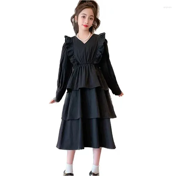 Mädchen Kleider Teenager Mädchen Kleid 2023 Frühling Herbst Langarm Mode Elegante Schwarz Prinzessin Kostüm Für Kinder Party Kleidung