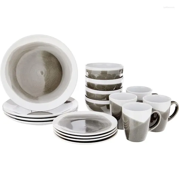 Teller, rundes Geschirr-Set, Holzkohle-Küchenschüsseln und -Becher, spülmaschinen- und mikrowellengeeignet