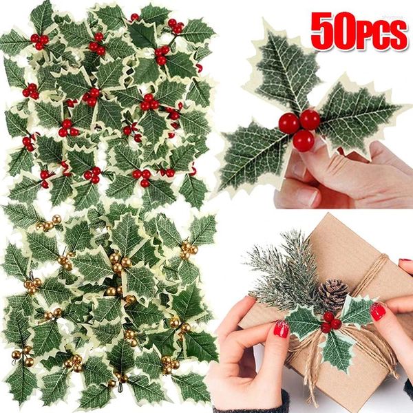 Flores decorativas 5/50 pçs artificial azevinho berry folhas verdes enfeites de natal ouro vermelho diy árvore de natal grinalda bolo topper festa