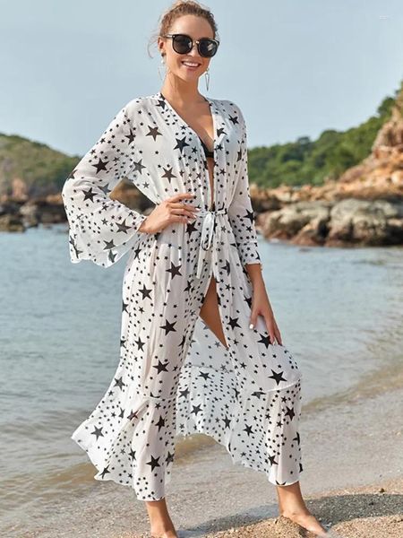 Casual Kleider 2024 Sommer Sexy Stern Muster V-ausschnitt Selbst Gürtel Hohe Taille Wrap Kleid Weiß Chiffon Tunika Frauen Beachwear maxi Q1170