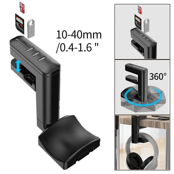 Auricolari Befon Supporto per cuffie con 3 porte USB Supporto per cuffie girevole da gioco per PC con staffa per auricolari Hub