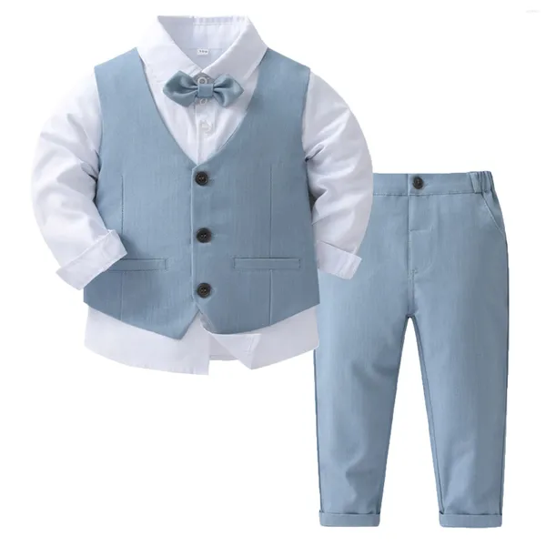 Set di abbigliamento 4 pezzi Smoking classico Bambini Ragazzi Abito da gentiluomo Battesimo Abito da sposa Camicia a maniche lunghe con gilet e pantaloni papillon