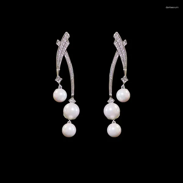 Pendientes colgantes con flecos simples y perlas largas, aguja plateada, vestido de noche nupcial