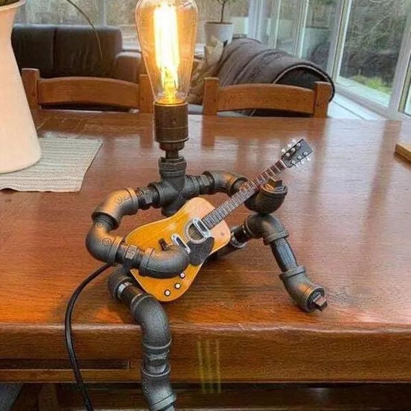 Steampunk lâmpada de tubulação de água retro criativo quarto mesa led noite ferro guitarrista decoração para casa industrial 231225