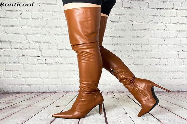 Rontic Fashion Women Winter Thigh Boots Sexy Stiletto Heels Pointed Toe Beautiful Brown Red Fuchsia Dress Shoes Us Size 5159210494