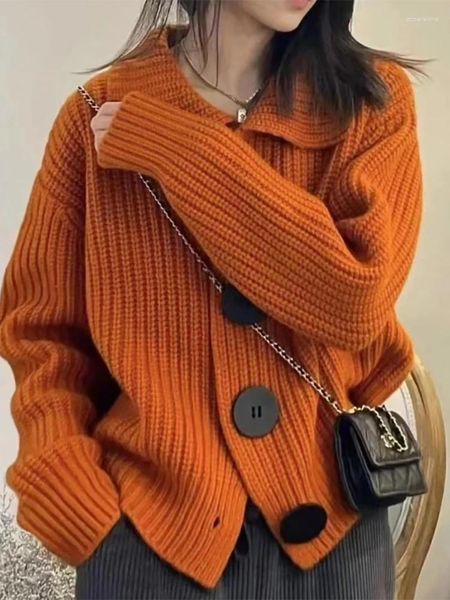 Женский вязаный свитер в корейском ленивом стиле, осень-зима 2023, свободный возрастной вязаный кардиган с лацканами на больших пуговицах, женский