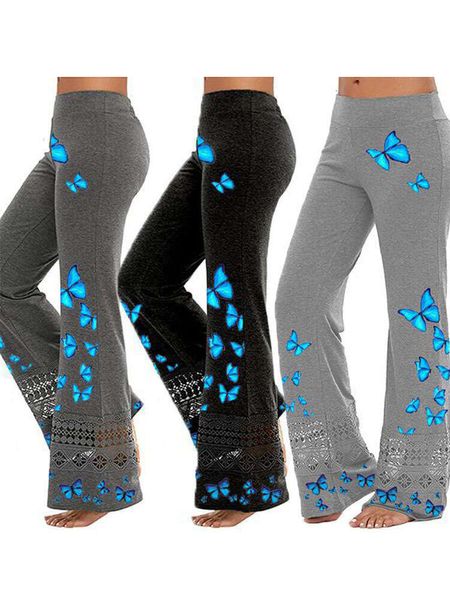 Lu aus Align Hosen Hose aus Align Butterfly Print Strash Strass Casual Flare Leggings Frauen Spitze Breite Bein Sporthosen Leggins Glockenboden Mujer Frau Zitronenfrau Lady Lady