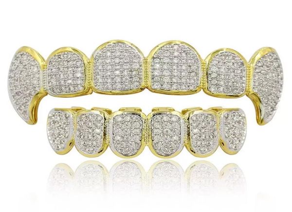 Top Quality 18K Oro Argento Colore Hip Hop Rapper Grillz Lusso Glaring Zircone Diamanti Denti Griglie superiori e inferiori per Uomo Donna5986498