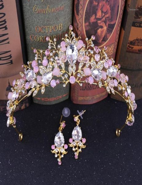 Clip per capelli Barrettes Gold Wedding Crown Tiaras da sposa con orecchini Pink Purple Head Bash for Women and Girls Pink19000773