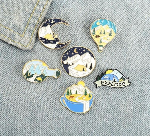 Sky Mountain Vorm Legering Broches Koffie Maan Verkennen Camping Model Pins Ballon Cirkel Rugzak Hoed Badge Sieraden Hele Acces271G4805955