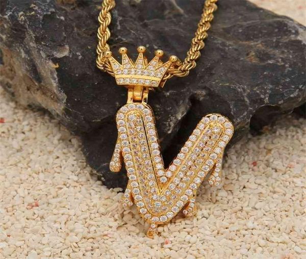 Custom Crown Bail Tropf Blase Anfangsbuchstaben Ketten Halsketten Anhänger für Männer Frauen Goldfarbe Kubikzirkon Hip Hop Schmuck 7247382