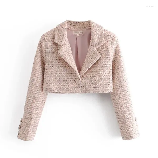 Ternos femininos rosa tweed curto blazer 2023 feminino doce único botão cores sólidas casual escritório com verão trabalho comute wear