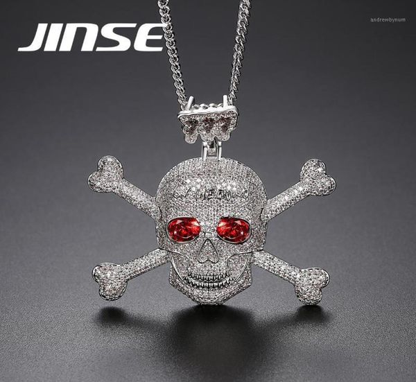 JINSE Volle Strass Punk Rot CZ Stein Skeleton Schädel Anhänger Halsketten für Männer Gold Farbe Hip Hop Schmuck Geschenk Seil kette14383592