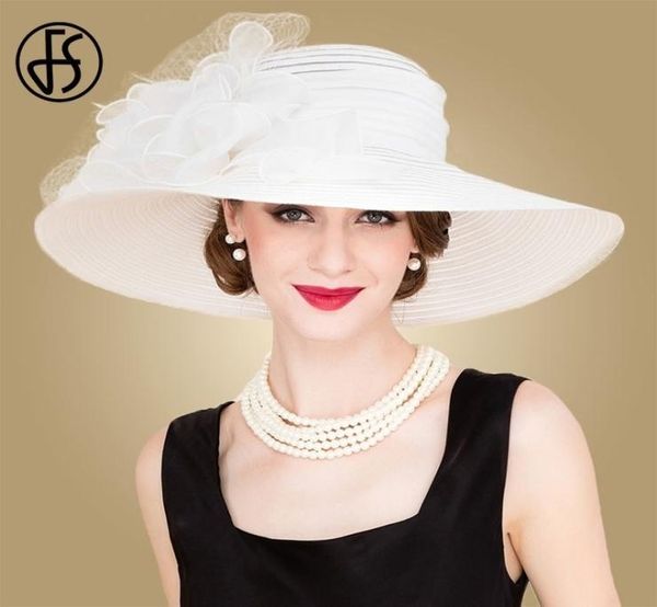 FS nero bianco elegante donna cappelli da chiesa per le signore fiori estivi cappello a tesa larga in organza spiaggia sole Kentucky Derby cappello Fedora T2002530591