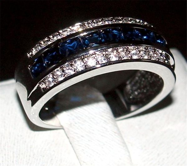 Luxuriöse Princesscut-Ringe mit blauem Saphir-Edelstein, modischer 10-karätiger Weißgold-gefüllter Ehering-Schmuck für Männer und Frauen, Größe 8910117335886