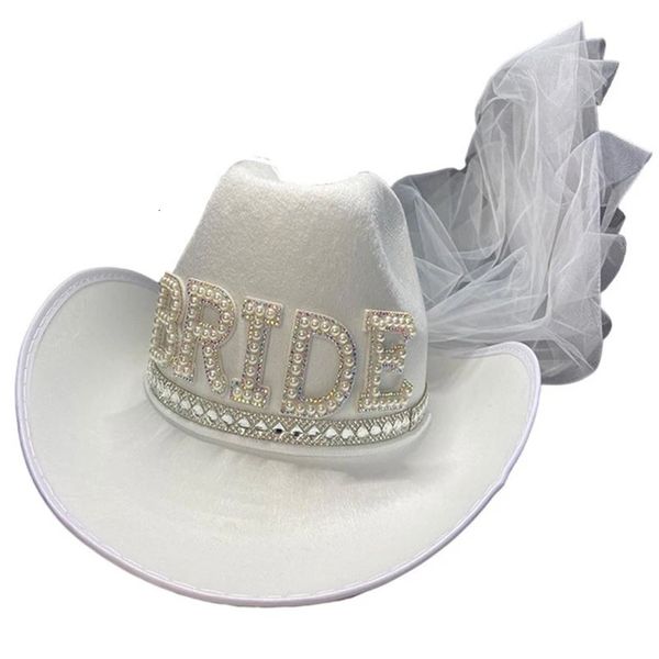 Qisin Cappelli da sposa Bianco con frange di diamanti Sposa Cappello da cowgirl Signora Cappello da cowboy Regalo da damigella d'onore Cappello da sposa estivo country occidentale 231225