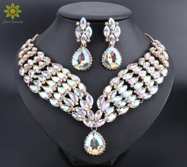 Indische Schmucksets, AB-Farbe, Kristall-Brautschmuck-Sets, Strass-Party-Hochzeits-Kostüm-Halsketten-Ohrringe-Sets für Bräute4338642