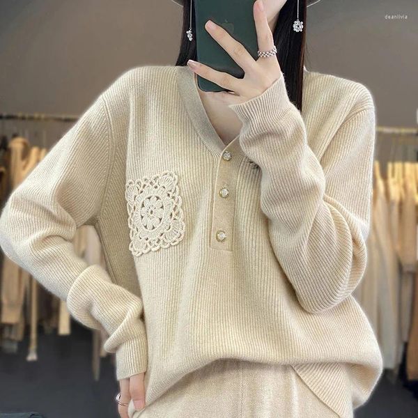 Kadın Sweaters Kaşmir Süvari Kadın V Yez Düğmesi Tığ işi gevşek alt örgü Pocket İnce Pullover Moda