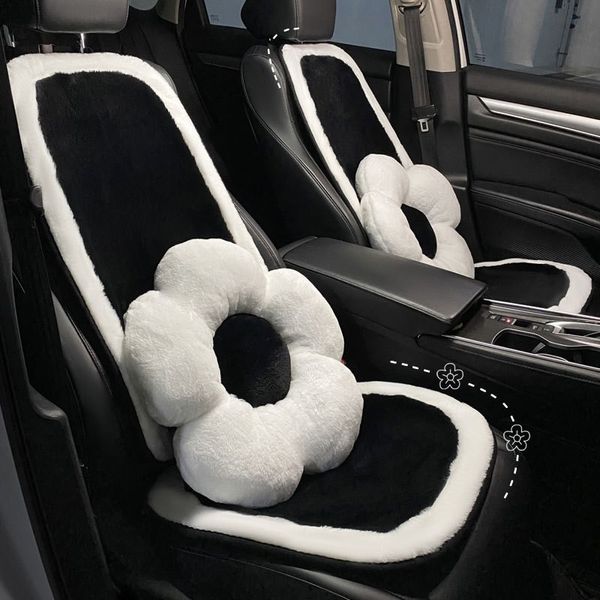 Almofada de carro, pelúcia longa de inverno, assentos simples em preto e branco, quente e aquecido, almofada de assento de carro anticongelante, conjunto de três peças