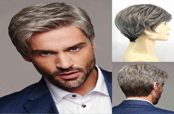 AIMISI Men039s perruque synthétique gris cheveux courts homme Cosplay coiffure toupet bons cadeaux pour papa remplacement Wigs42271471953424