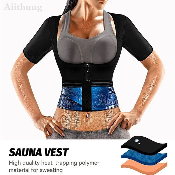 Frauen Gewichtsverlust Korsetts Body Shaper Korsett Slim Fat Burn Shirt 5 Mal Schwitzen Kurzarm Polymer Sauna Schwitzanzug 231225