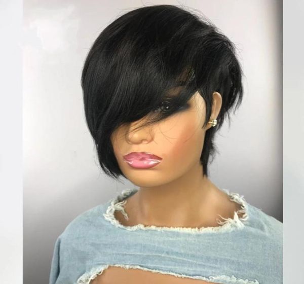 Corte curto ondulado bob pixie peruca nenhum laço frontal perucas de cabelo humano com franja para preto feminino completo máquina feita remy brasileiro2088146