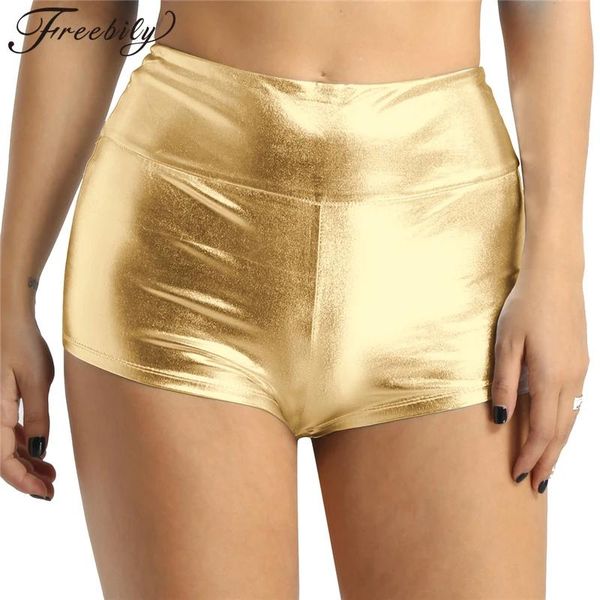 Saias femininas ouro cintura alta dança shorts metálico ouro ginástica shorts adulto treino shorts meninas palco desempenho inferior