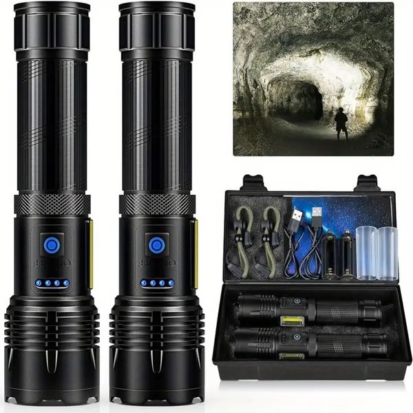 2pcs lanternas recarregáveis de alto lúmen, lanterna led brilhante de 10000 lúmen com 7 modos, luz flash à prova d'água para camping, caminhadas ao ar livre