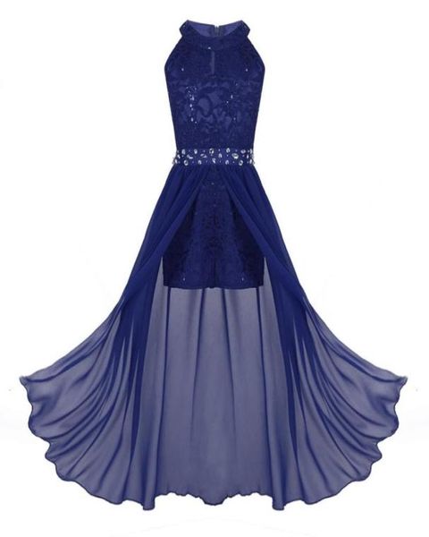 Girl039s Abiti per bambini Ragazze Abito lungo in chiffon Compleanno Festa da ballo Abiti senza maniche in pizzo floreale Strass Maxi pagliaccetto Chil6588848