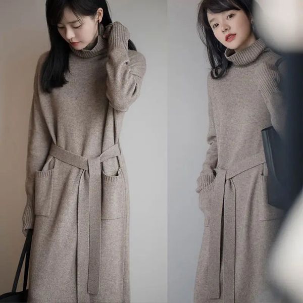 Plus size vestido de outono feminino casual solto malha de lã camisola vestido feminino rendas até gola alta vestido de inverno coreano 231226