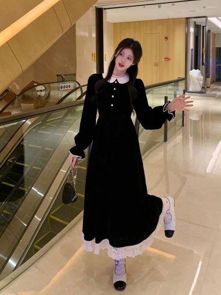 Sıradan Elbiseler W4M Büyük Boyun Kadın Renk Kontrast Bebeği Dantel Ekleme Kadife Fransız Vintage kıdemli uzun küçük siyah elbise