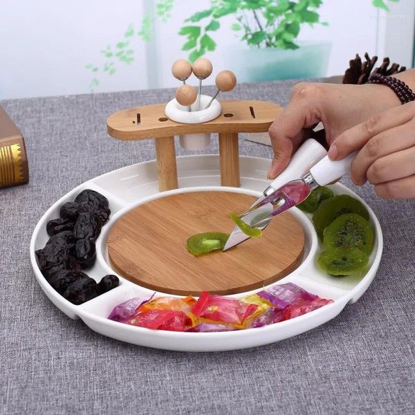 Pratos convenientes divisões cerâmica placa de frutas decorativa porcelana bolo servindo bandeja lanche prato bambu louça utensílio de cozinha