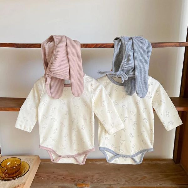 Macacões 3602b roupas nascidas impressão bodysuit 2023 outono moda bebê menina de uma peça terno de escalada com chapéu