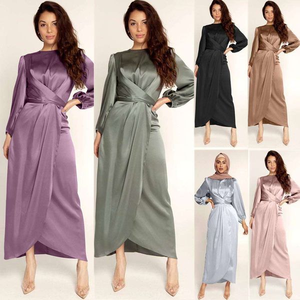 2021 Yeni Düz Renk Amazon Sıcak Satış Yumuşak ve Güzel Tunik Elbise, Avrupa ve American Dubai Saten Uzun Elbise