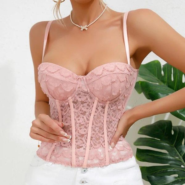 Canotte da donna Reggiseno push up Canotta Donna sexy Pizzo rosa Canottiera velata Canotta con scollo a V Camicie Fantasia Abbigliamento Corsetto trasparente con canotta