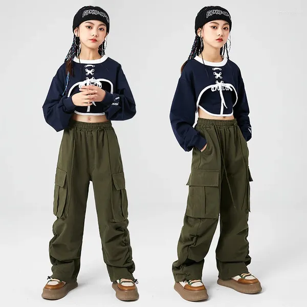 Abbigliamento da palco Abbigliamento hip-hop per bambini Giacca blu navy Crop Top Pantaloni sportivi streetwear causali per ragazze Costume da ballo jazz che mostra vestiti