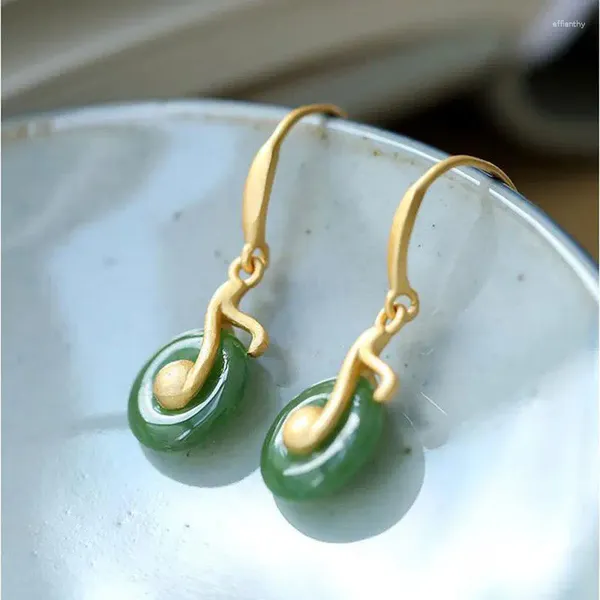 Ohrhänger aus S925-Sterlingsilber, Musiksymbol, natürliche Hetian-Jade, grüne Friedensschnalle, elegante Damenohrringe für