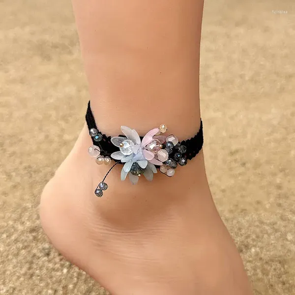 Fußkettchen Böhmischer Stoff Kristall Funkelnde Blumen Damen Fußkettchen Mode Luxus Strand Party Täglich Lässig Stretch Fußschmuck