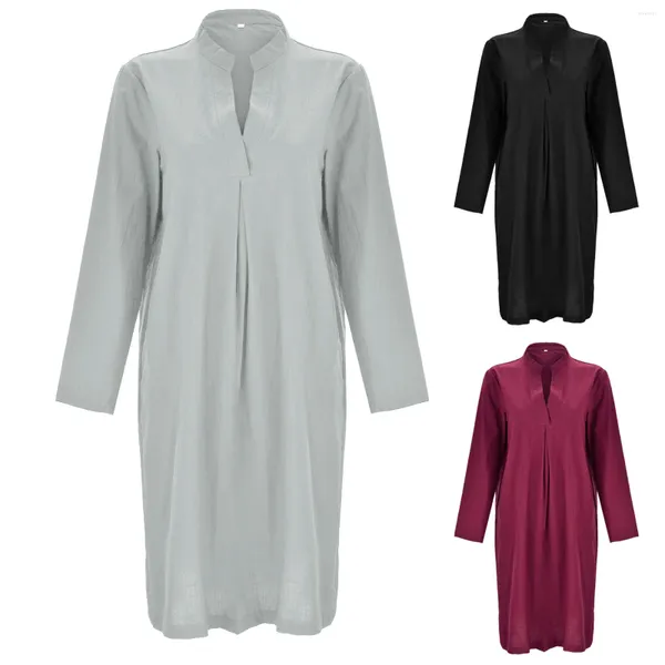 Robes décontractées Boho col en V à manches longues Maxi pour femmes couleur unie plage lâche manches d'automne pull robe robes