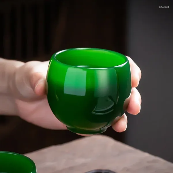 Xícaras de chá xícara chinesa liu li pedra retro imperador verde jade porcelana mestre copo-ruyi grande capacidade cha wan kungfu conjunto