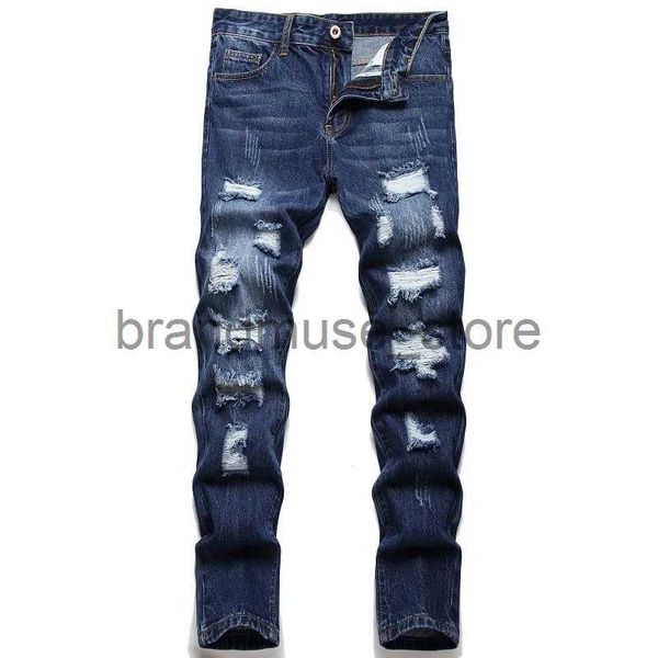 Jeans femininos calças jeans reta lavada com plissado buracos rasgados botão skinny biker jeans azul 2022 slim fit jeans calças masculinas venda quente j231226