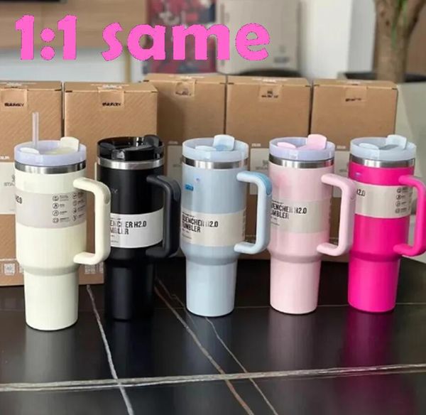 US Stock Quencher 40 once Tumbler Tie Dye Azzurro Rosa Leopard Maniglia Coperchio Paglia Boccale di birra Bottiglia d'acqua Verniciatura a polvere Tazza da campeggio esterna E1226