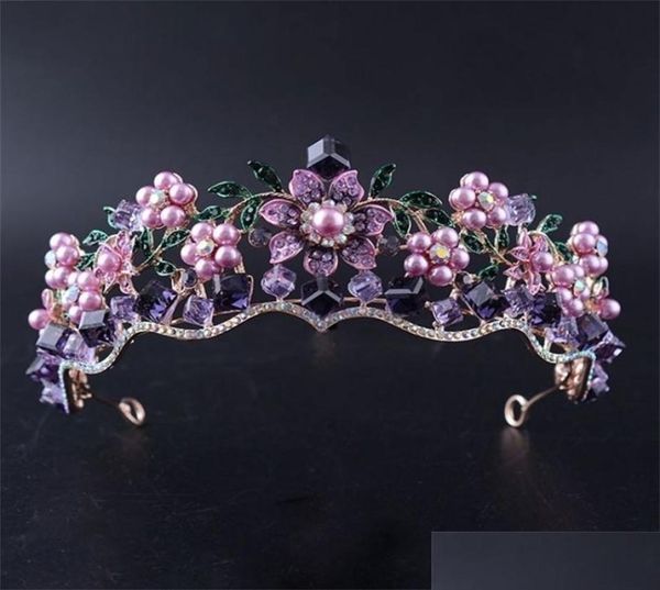 Jóias de cabelo de casamento luxo barroco roxo cristal pérola nupcial coroa tiara magnífico diadema para noiva bandana acces otewa7168583