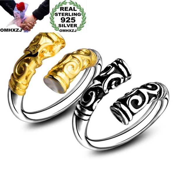 OMHXZJ Ganze Persönlichkeit Band Ringe Mode OL Frau Mädchen Party Geschenk Graviert Offenen 925 Sterling Silber 18KT Gelbgold Ring R2029106