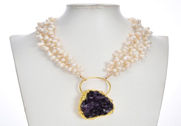 3 fios natural branco arroz pérola colar roxo ametista quartzo 24k banhado a ouro pingente moda jóias para lady3184864