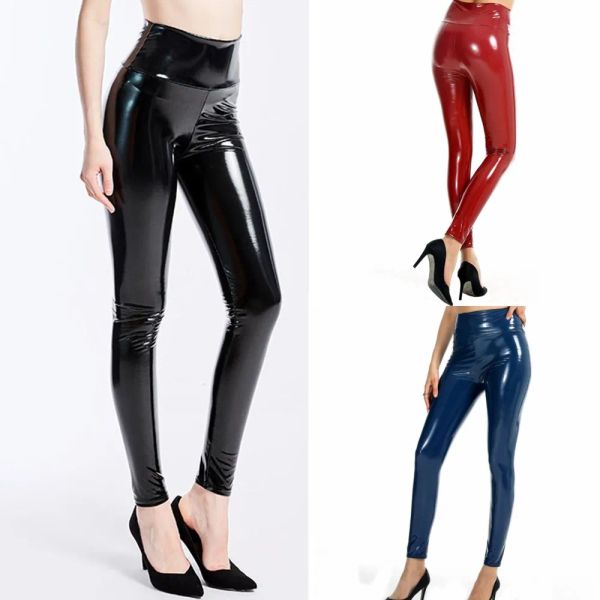 Mulheres sexy leahter leggings moda plus size cintura alta elástico pólo dança calças de vinil clubwear sexy couro magro