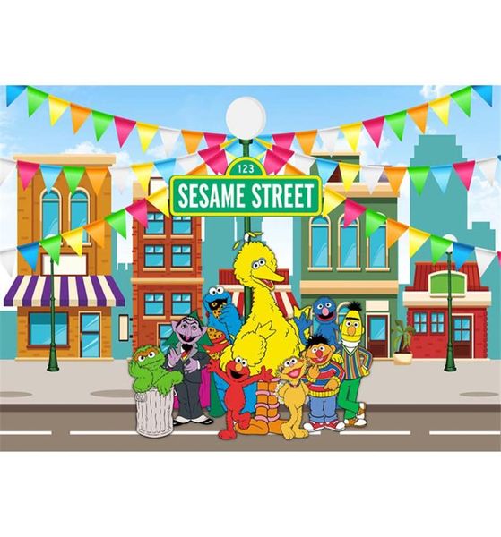 Sesamstraße-Geburtstagsparty-Motto-Pografie-Hintergrund, bunte Flaggen, Elmo-Welt, Baby, Kinder, Kinder, Po-Stand-Hintergrund8534904
