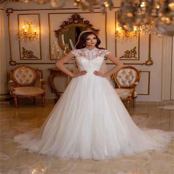 Weißes Kirchen-Prinzessinnen-Hochzeitskleid, Stehkragen, Spitze, sexy, offener Rücken, A-Linie, Tüll, rustikal, ländlich, elegantes Brautkleid, Flügelärmel, neu, Vestios De Novias 2024, Robe De Mariage